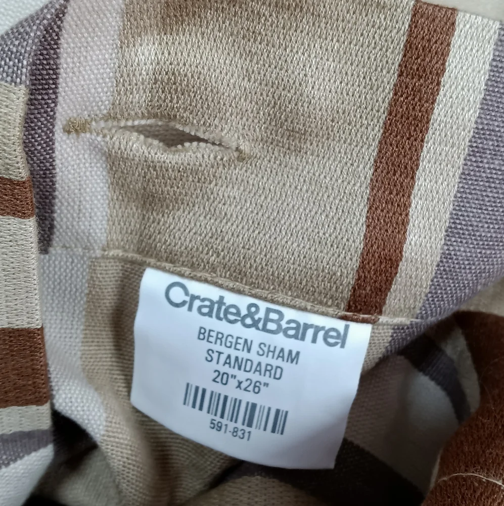 NWOT Crate&Barrel Bergen Stripe Standard Sham Pair Brown/Tan/Beige